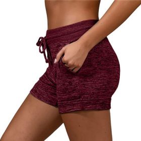 Women's bottoming quick-drying shorts yoga pants casual sports waist tie elastic shorts (Color: Burgundy, size: L)